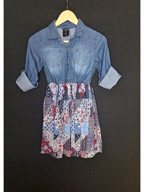 💙 Paper Doll Girls Denim Patchwork Dress Size M 10/12 Long Sleeve Button Front